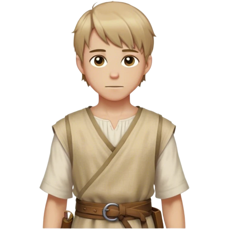 medieval summer outfit worn by a DnD themed fantasy male character. basic sleeveless tunic made of thin hemp fabric, tied at the waist with a cloth belt. clothes only above the waist. The clothes full waist. The character's haven't arms. character is white-skinned, light brown hair, hazel eyes, short straight hair. emoji