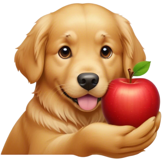Head of golden retriever, peeking out of an apple emoji