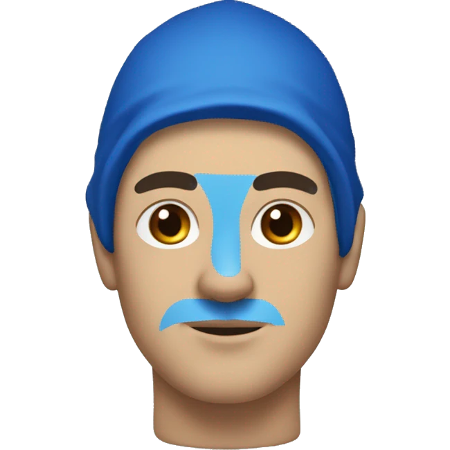 man with black head with three blue lines on it, blue hood on. emoji