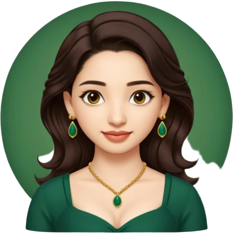 pretty bratz genmoji that looks like tamannah bhatia (bollywood actress), wearing a dark green sweetheart neckline top, dark brown hair, light makeup, no necklace, dangly earrings, side hair part emoji