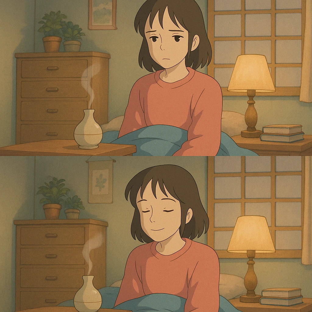 a girl in a bedroom, looking sad, then smelling a scent like from a candle or diffuser, her mood changing to relaxed, ghibli style emoji