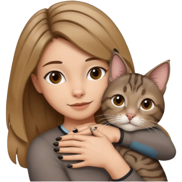 Une femme avec les cheveux dégradée, brun et blond, qui fait un câlin à son chat gris, tigré avec les extrémités que pattes pointe d’oreilles noires et le dessous du menton blanc  emoji