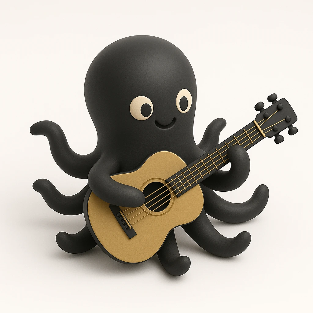 happy octopus with multiple arms playing guitar emoji
