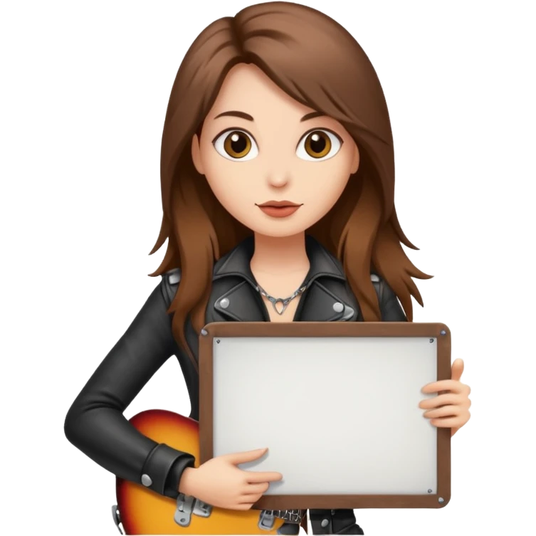 A fair skin rocker chick with long brown hair holding a large blank sign emoji