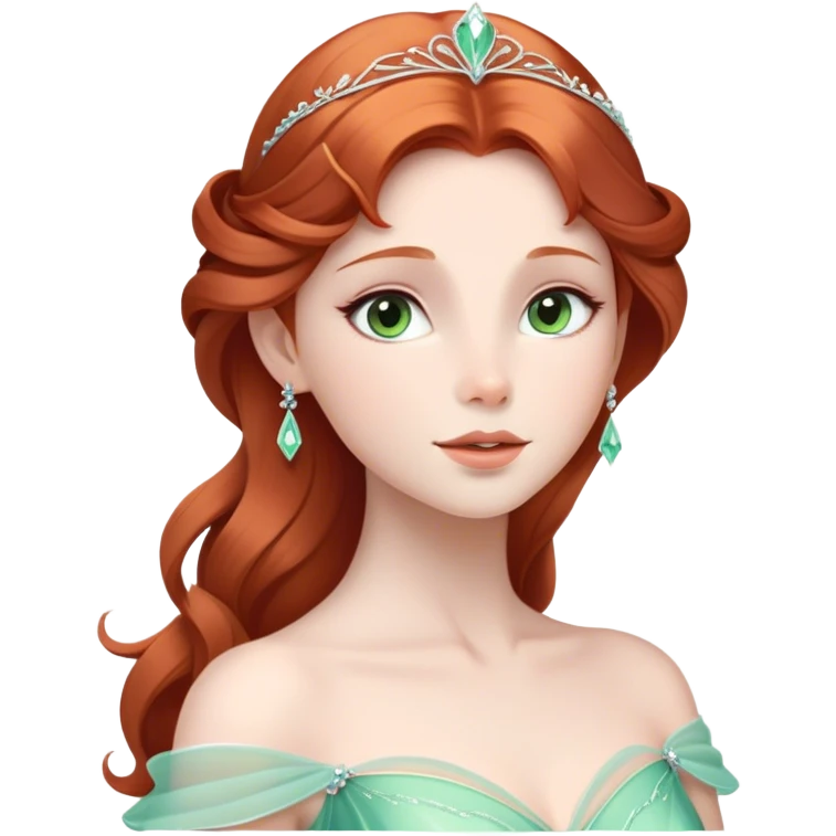 Cinematic Timeless Sleeping Beauty Portrait Emoji, rendered in a clean, vector style. Depict Aurora with delicate porcelain skin, elegantly arranged auburn hair, and a serene, graceful expression, dressed in her iconic gown. The design features bold, simplified shapes, a soft, enchanting glow, and a subtle glowing outline, capturing her timeless, fairy-tale beauty. emoji