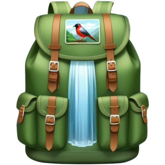 Icon for Ecotourism: lightweight hiking backpack and a scenic landscape with lush green forests, a waterfall, and wildlife, such as birds or animals in background. Transparent background. emoji