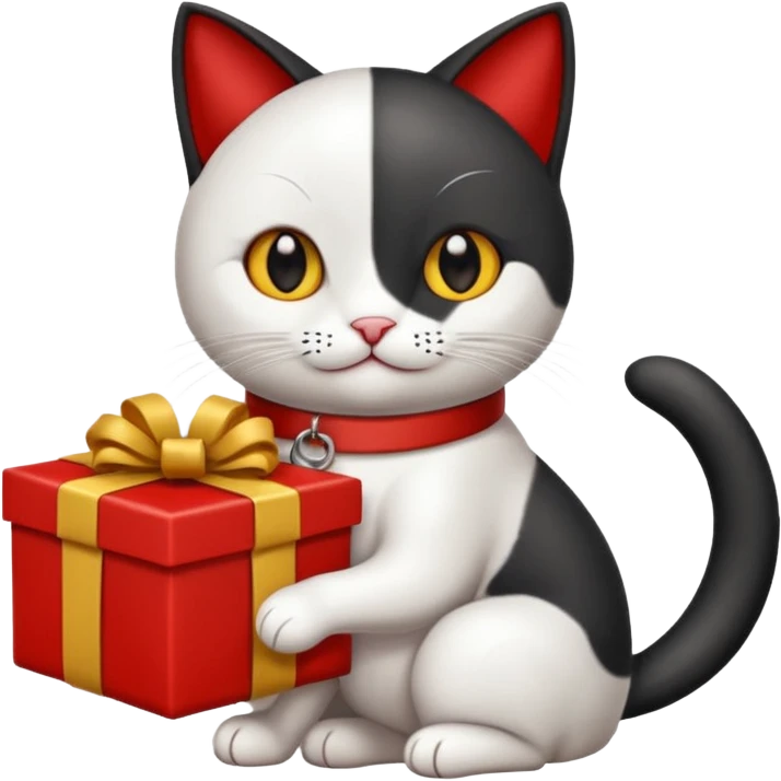 Gato negro con blanco feliz con moño rojo y un regalo 🎁 emoji