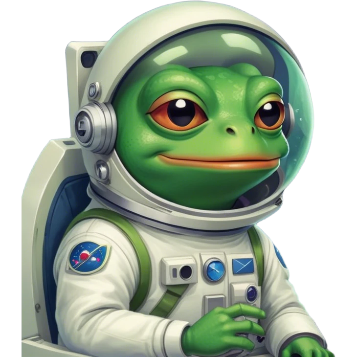 Pepe the Frog as a trader, with charts on the screen, in space with a rocket, meme art style, hilarious and bright emoji