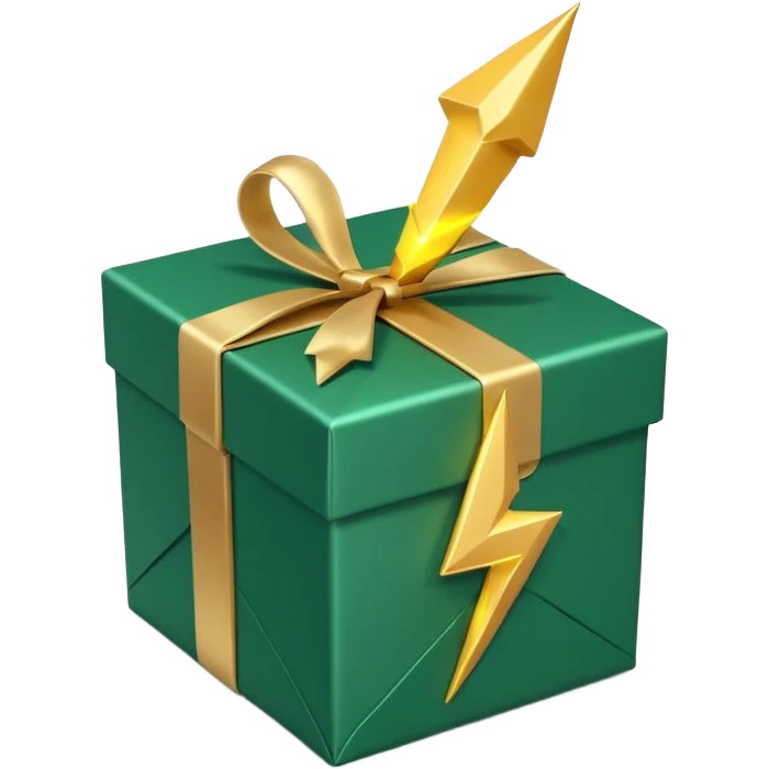 3D minimal open gift box with small floating icons coming out (envelope, lightning bolt, sparkle), matte finish, deep green (#0B3D2C) box, gold (#C9B037) icons, Apple style, ultra minimal, soft shadow, transparent background emoji