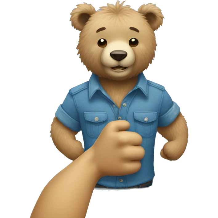 Skinny blue fuzzy bear wearing a work shirt and giving a fist bump emoji