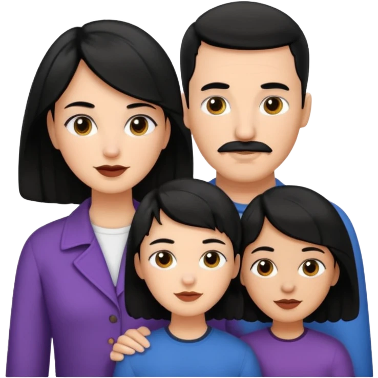 A family consisting of 1 women with black black wavy hair , 1 girl with black buzz cut hair and 1 girl medium skin tone and black long hair , 1 white man with black hair and short mustache  emoji