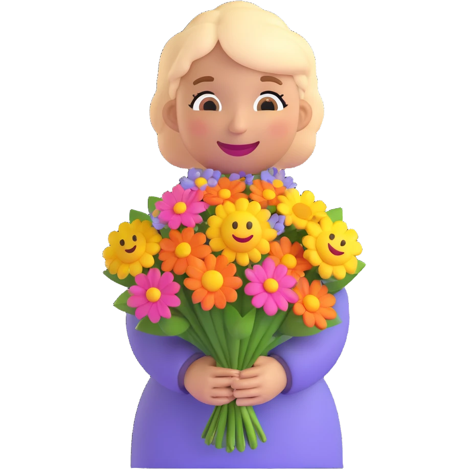 3D smiley emoji, round shape, grandmother with a bouquet of flowers, smiling, purple color emoji