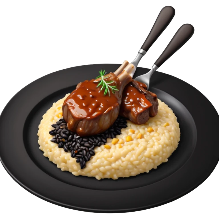 Lamb Shanks with Risotto Nero on a black plate emoji