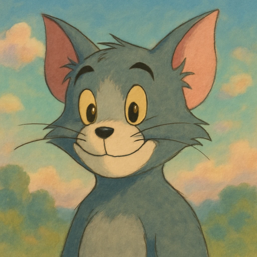 Tom, Ghibli style, with a dreamy background, soft lighting, friendly expression emoji
