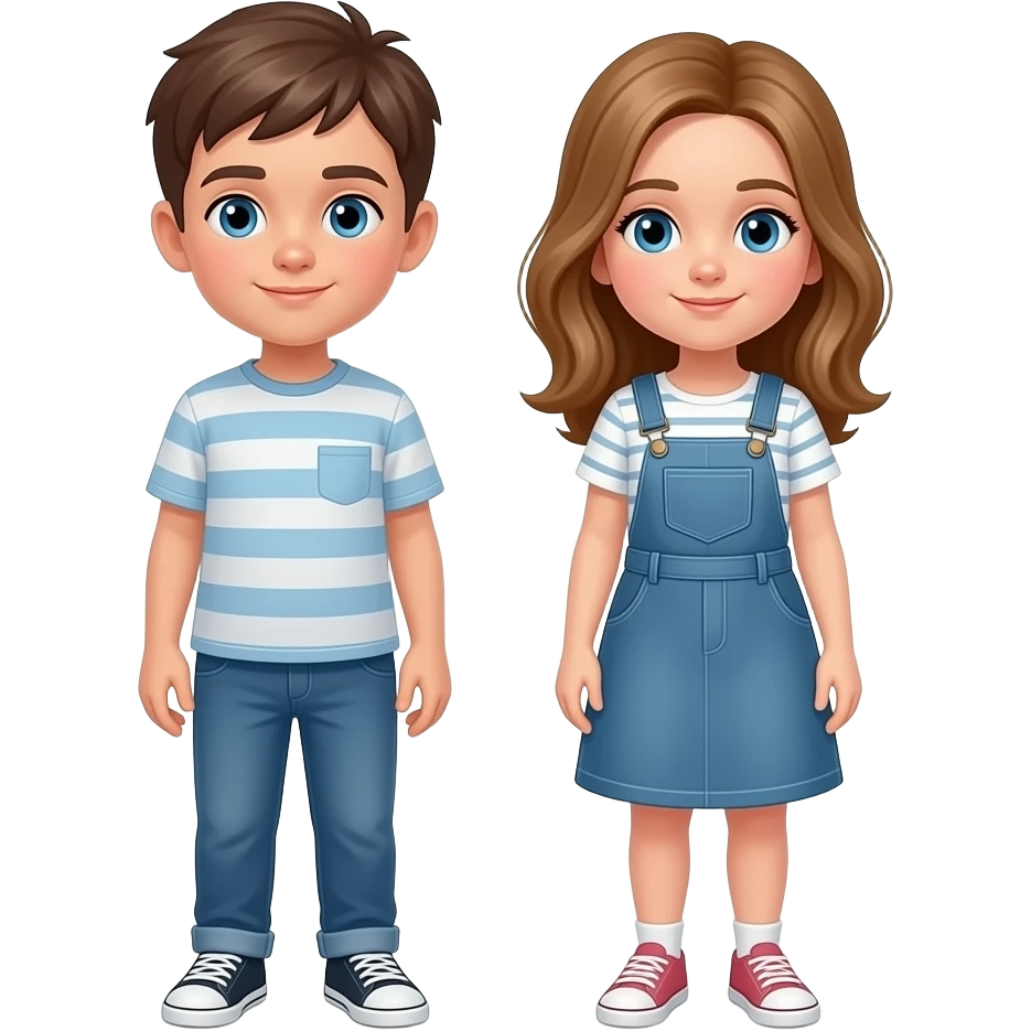 chico y chica son hermanos ,el chico castanyo i con pelo corto y la chica pelo suelto y un poco rubia pero castaño  y los dos tienen ojos azules son hermanos estan depie se les ve los pies emoji