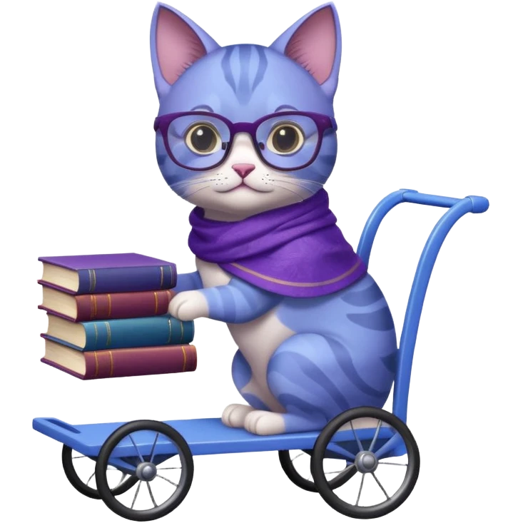 Purple and blue cat, with glasses and a shawl, pushing a 4 wheeled cart full of books emoji