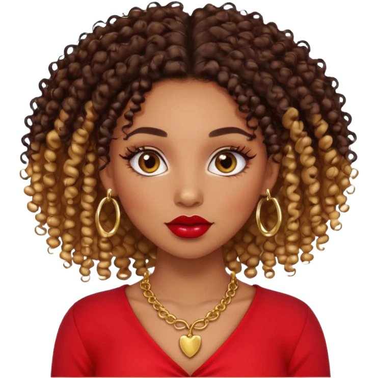 a light skinned black girl with 3b curly hair chocolate color eyelash extension ombre lips with gloss and red blouse gold nose ring piercing and gold septum piercing and gold necklace emoji