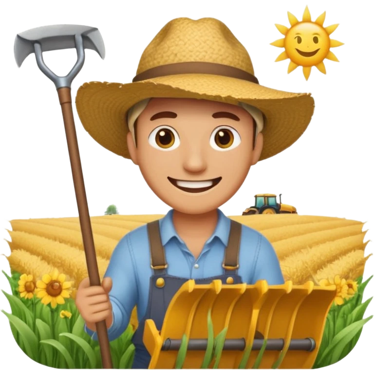 man plowing a field with a plow, sun in the background, emoji style emoji