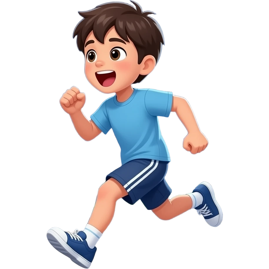 un chico de 12 años que se vea todo el cuerpo. con el pelo cortito y flequillo. y que es vea todo el cuerpo. que este corriendo y gritando, que este como de noche emoji