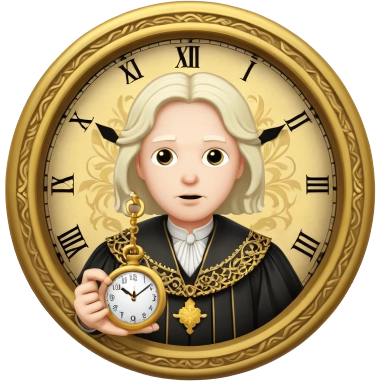 a 1600s judge with a hurried expression holding a clock that ticks VERY FAST  emoji