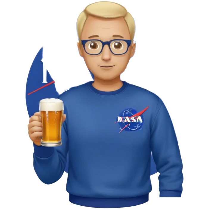 happy fat man, drinks a beer,  blond short and hight receding hairline, wearing a dark blue sweatshirt, nasa logo on the sweatshirt, round glasses without frame, 40 years old emoji