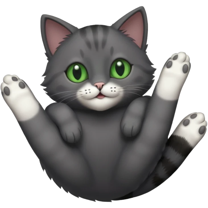 solid dark grey cat with green eyes, completely solid grey face, white toes/paws playfully rolling upside down emoji