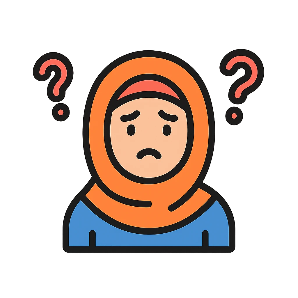 confused girl in hijab, '??' symbols circling her head, simple icon style, colorful and friendly emoji