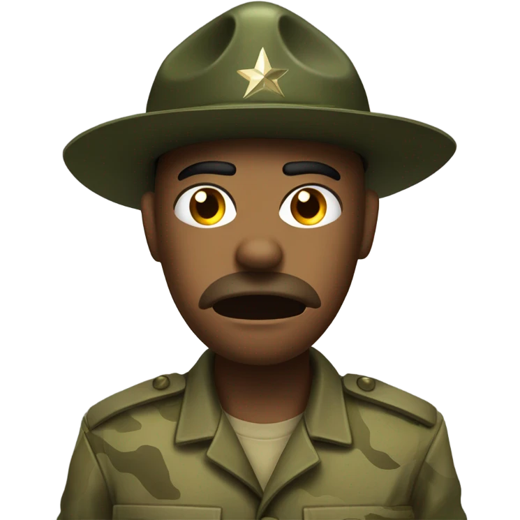 drill sergeant character wearing a classic sergeant hat and a camouflage army shirt. The character should have an angry intense expression. full torso emoji
