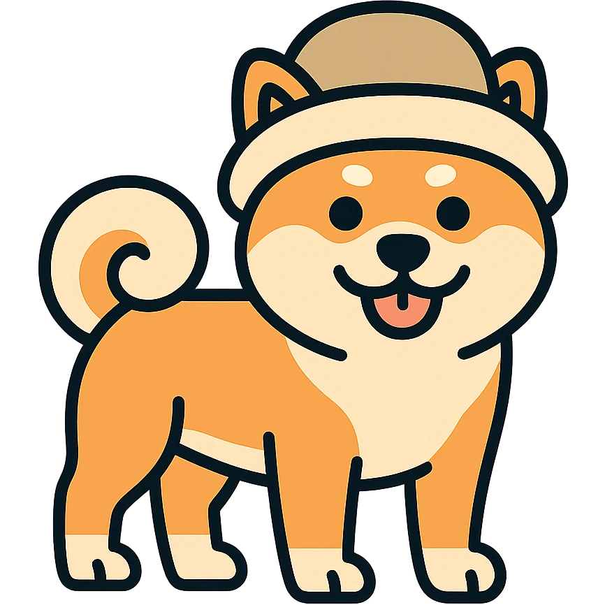 Akita Inu with a curled tail and a hat on its head, keep the current style, transparent background. emoji