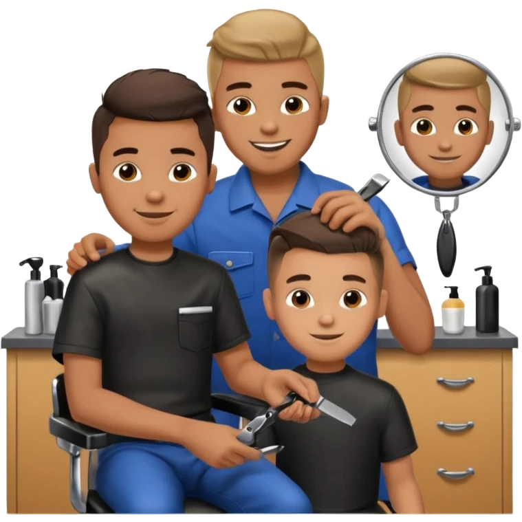 Barber cutting boys hair. Show the boy sat in black barber chair and both having smiles on their faces emoji
