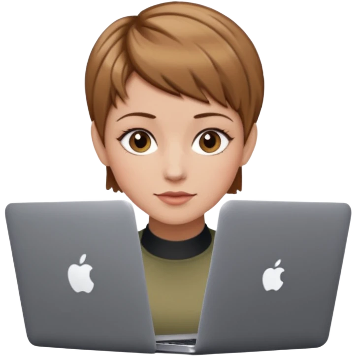 macbook pro woman pixie haircut light brown hair hazel eyes emoji