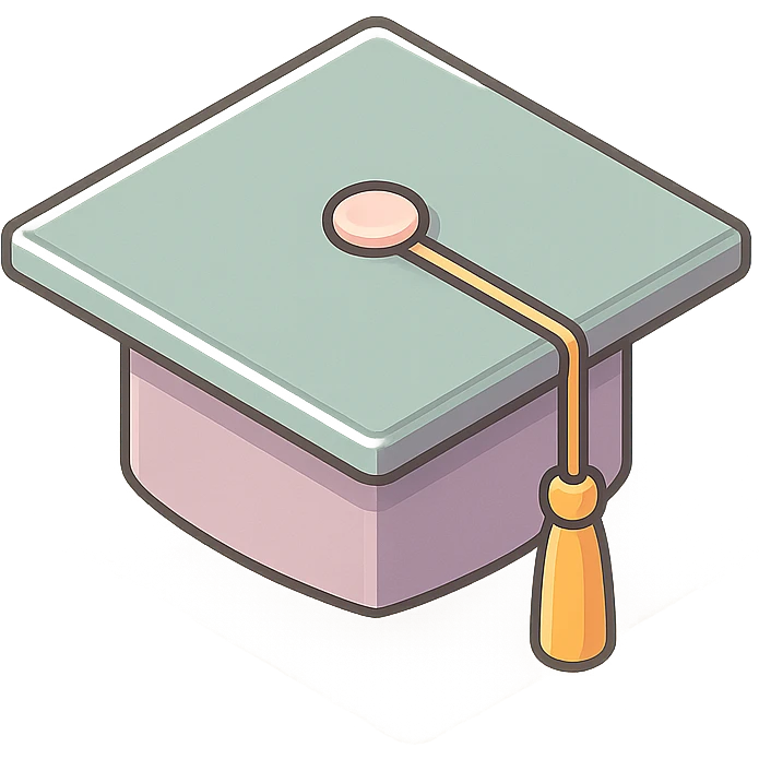 academic graduation cap with golden tassel, 2D isometric style, sharper angles, high detail, pronounced shadows and highlights, clean lines, minimalist eastern accent, pastel palette #98B5BC, #B5B3C1, #C9A3C9, #E4C0CA, #F7DCD1, #F7C0AA, transparent background emoji