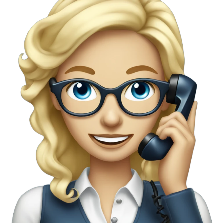Elegant real blonde lady with glasses happy blue eyes talking on a phone  emoji