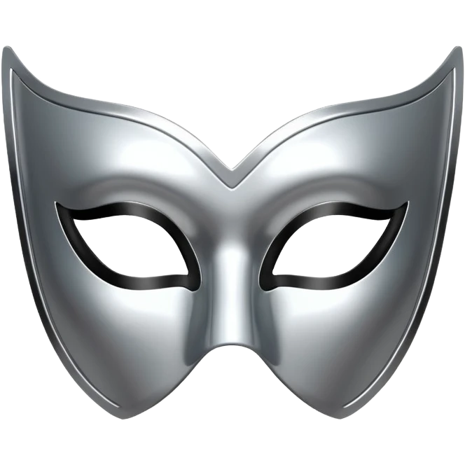 A sleek masquerade mask emoji made of polished silver chrome, smooth sensual curves, reflective metallic surface, mysterious sexy luxury vibe, minimal iOS emoji style, centered, clean white background emoji