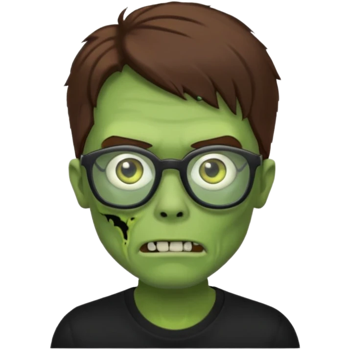 Green zombie, brown hair, black glasses, black shirt. iOS style. emoji
