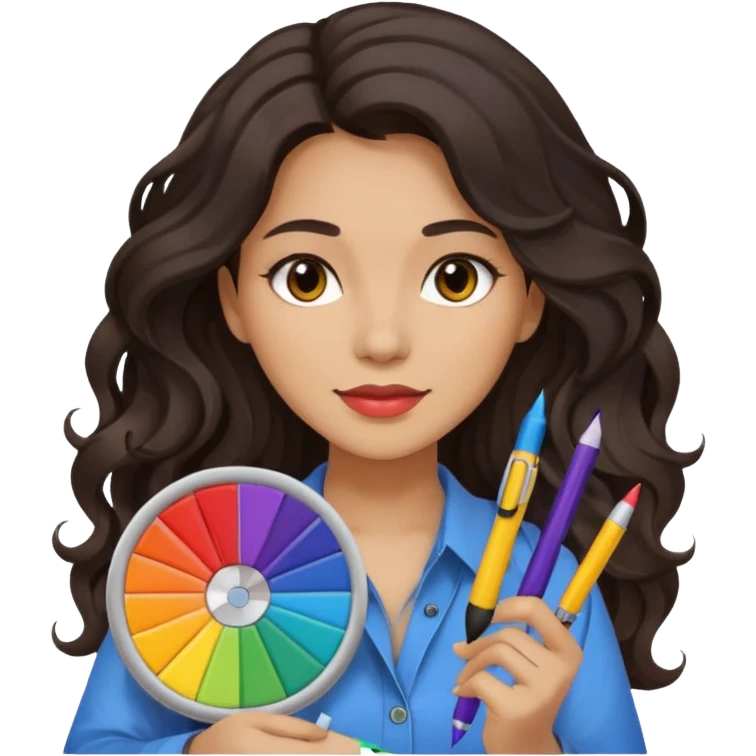 female dark wavy long hair graphic designer , color wheel, pens, papers emoji