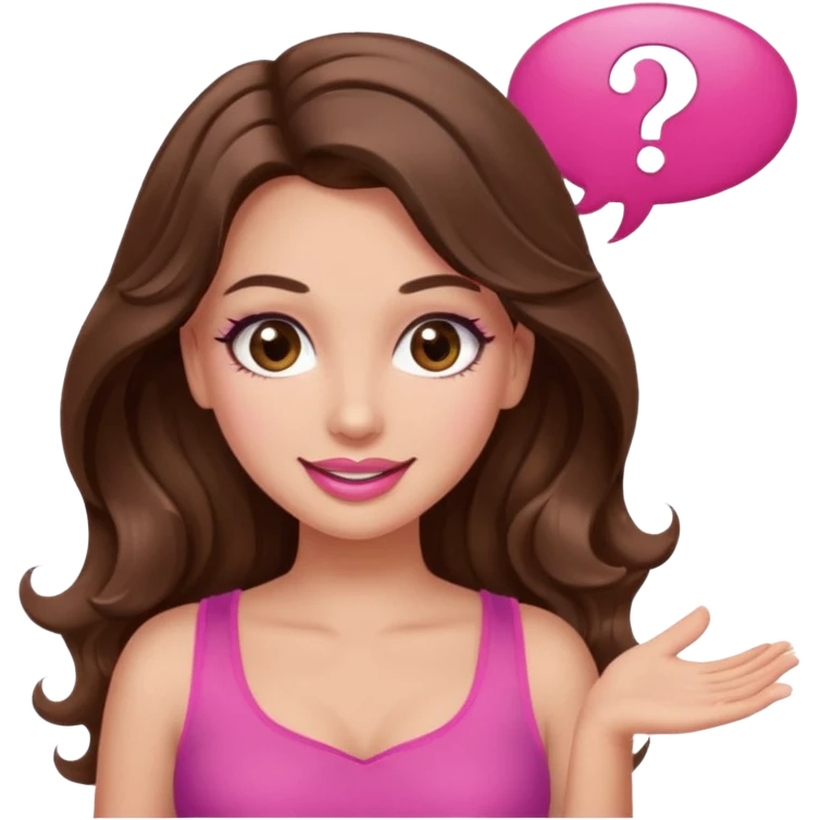 girl with long wavy brown hair, brown eyes, long lashes makeup, sexy pink lips, light to medium complexion, wearing a pink sexy top, shugging, smiling, question mark one speech bubble emoji