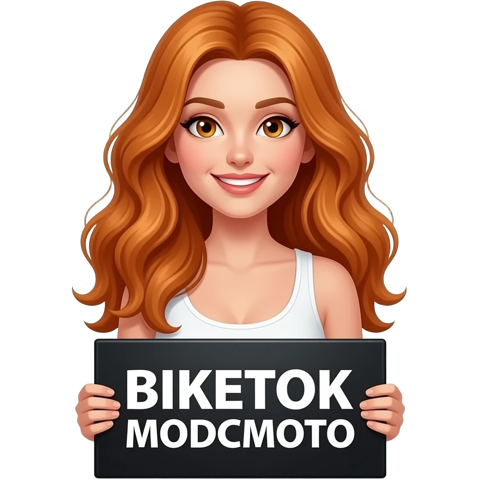 sexy girl with long wavy ginger hair and ginger eyes wearing a white tanktop is holding a black colored sign with BIKETOK MODCMOTO written on it emoji