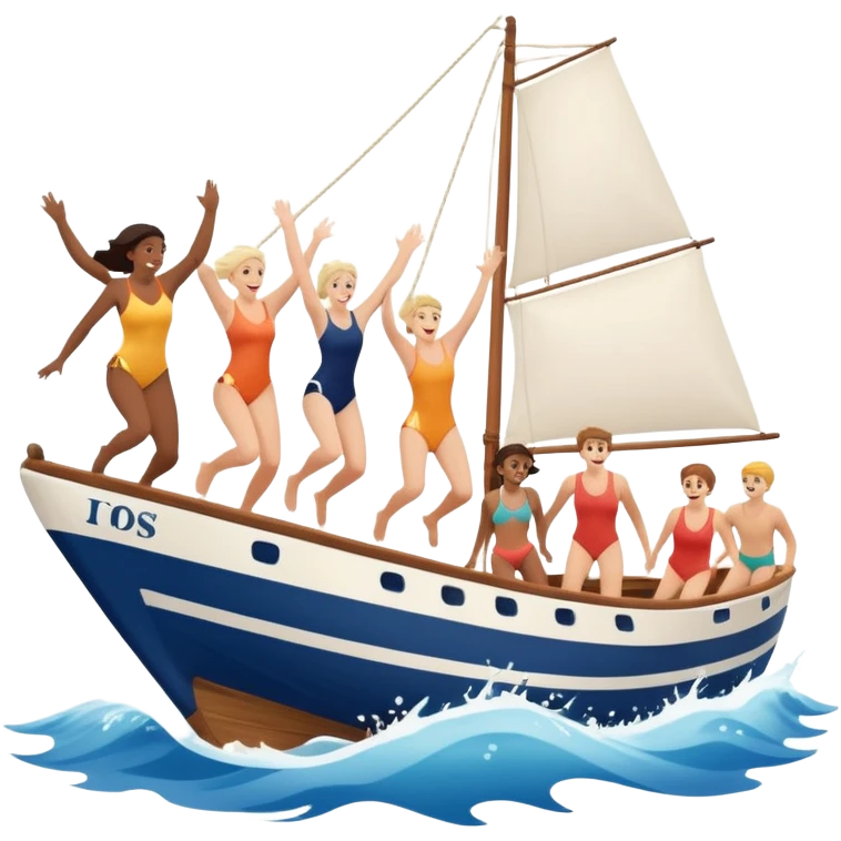 group of people jumping off a sailing ship into the ocean - from the side emoji