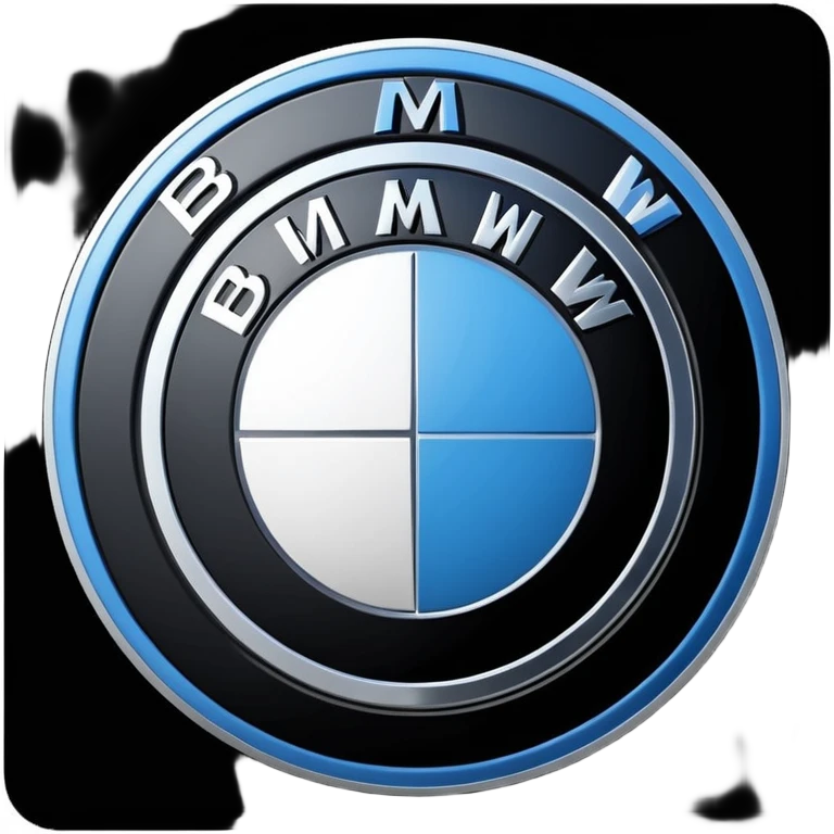A clean, circular car logo inspired by BMW, with a black outer ring, inner circle divided into four equal quadrants, alternating blue and white colors, bold white letters on the black ring, glossy finish, minimal background, high resolution, professional automotive logo style emoji