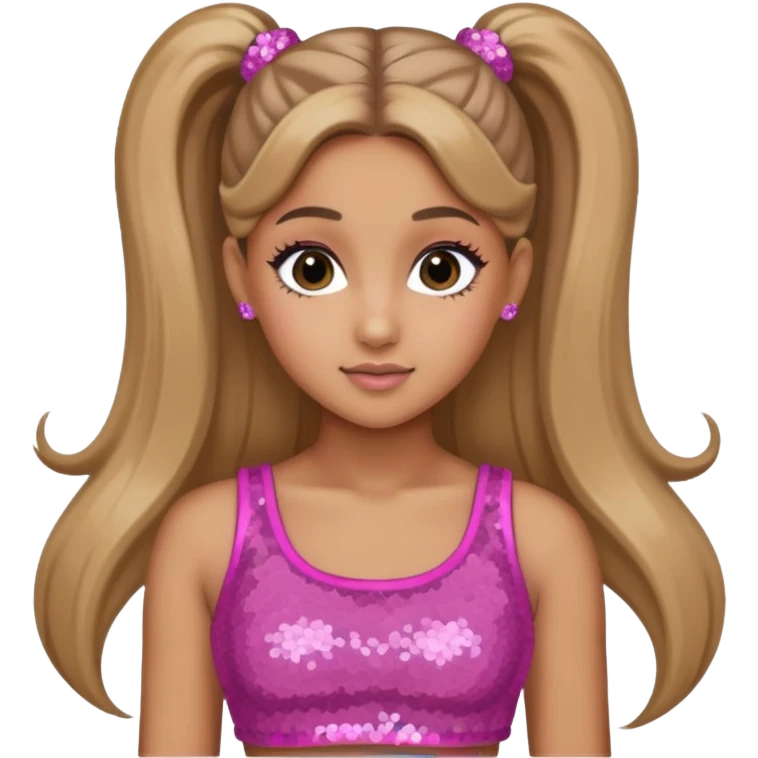 Ariana Grande with long dark blonde ponytail hair, pink sequin crop top emoji
