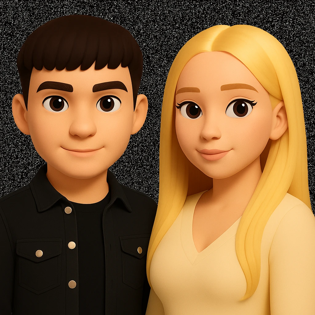 Slightly increase the volume of the upper body of the girl, separate the girl and the boy from each other, and make the skin color the same for both characters. Maintain the cartoonish 3D style in the editing. emoji