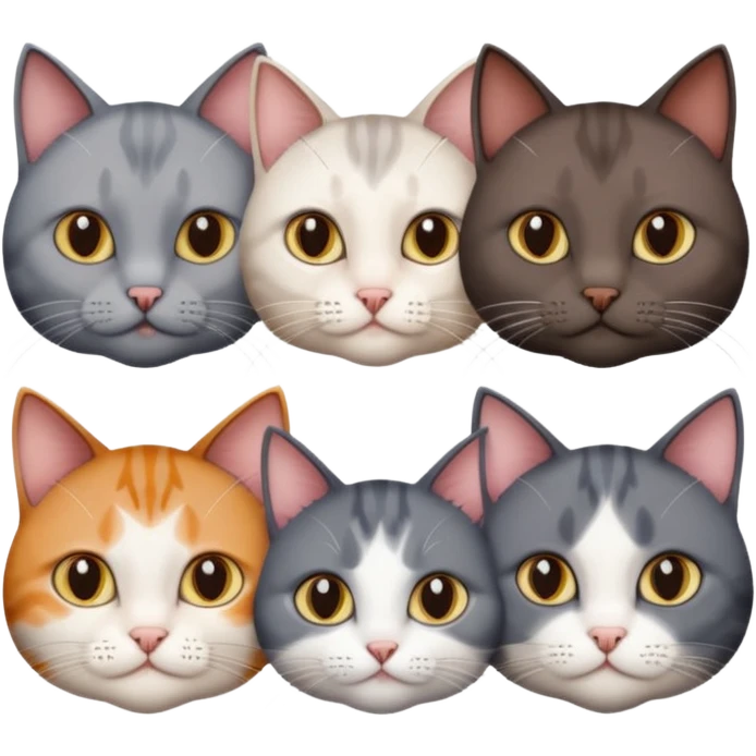 4 different coloured short haired cats including; a dark brown and white cat, and a dark grey and white  emoji