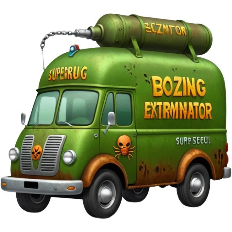 Heroic SuperBug Ron’s oozing exterminator superminator antique tall moving van (motto: Bombing creepy bugs is fun) emoji