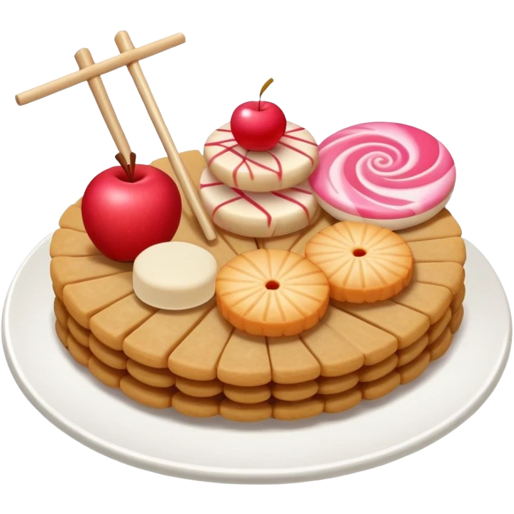 A combination of red apple, fish cake with pink swirl (narutomaki), rice cracker (senbei), and dango on a stick arranged together as a food plate emoji