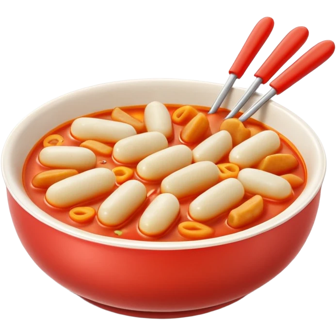 Apple emoji style, bowl of tteokbokki, glossy 3D, soft shadows, white background emoji