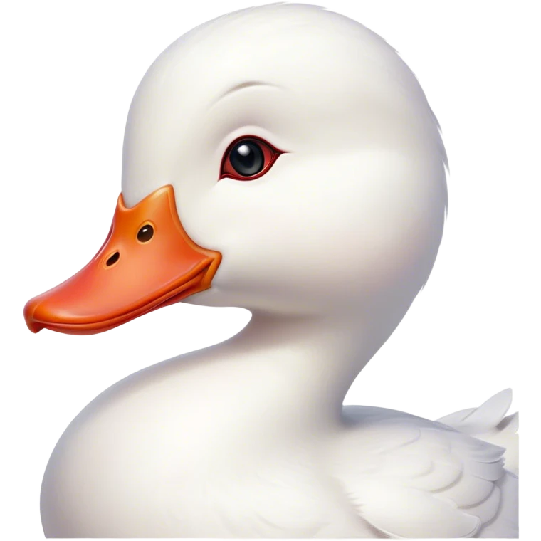 Cinematic Cute White Duck Portrait Emoji, Head tilted playfully and inquisitively, featuring a glossy, immaculate white plumage with a charming red bill, round, sparkling eyes filled with curiosity, Simplified yet irresistibly adorable features, highly detailed, glowing with a warm, friendly glow, high shine, affectionate and lively, stylized with a touch of whimsical charm, bright and endearing, soft glowing outline, capturing the essence of a mischievous yet loving duck, so playful it feels like it could waddle out of the screen and into your arms! emoji