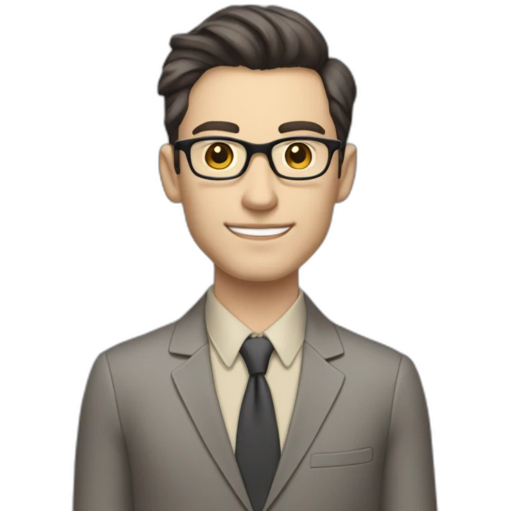 Full height Pale skinned Fit Man With dark brown hair in classic gray suit, beige office shirt, dark gray tie, and vintage glasses. His right hand is directed up emoji