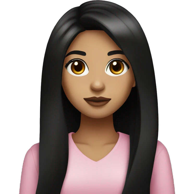 girl She has dark brown eyes, long black hair, straight and styled. She has an olive skin tone and wears black clothing, which contrasts with her fair complexion. pink lips emoji
