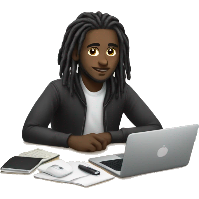 Black-guy-with-dreads-wearing-black-trackstuit-sitting-down-on-chair facing-foward-focused-on-laptop-computer- emoji